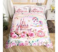 RZPFQB Licorne Housse de Couette 1 Personne 140 x 200 cm Conte de fées Château Parure de Lit en Microfibre pour Enfant GarçOn Fille Ado Rose Fleurs Ensemble de lit