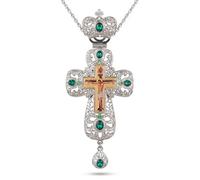 RZRHMUHN Pendentif croix pectorale orthodoxe avec cristaux verts, finition argent vintage, grand crucifix de 19,1 cm avec chaîne de 119,4 cm pour prêtres, clergé et usage dévotionnel