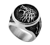 RZRPYFMM Bague Tête De Loup Viking, Bague En Acier Inoxydable Tête De Loup Fenrir Vintage Pour Hommes, Bijoux De Moto Nordique,Argent,10