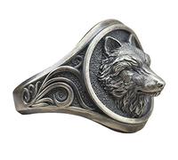 RZRPYFMM Bague Totem Loup Vintage Viking, Chevalière Tête De Loup Pour Homme, Mythologie Nordique Odin Mount Wolf Ring,Argent,7