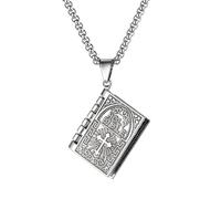 RZRPYFMM Collier De Livre De Bible Croix Vintage Hommes Et Femmes Peuvent Ouvrir Le Collier Chrétien De Livre D'écriture De Bible De Prière,Argent,70cm