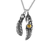 RZRPYFMM Crâne Plume Démon Oeil Collier, Vintage Ange Plume Aigle Griffe Gemme Titane Acier Pendentif Collier Couple Punk Hip Hop Bijoux