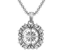 RZRPYFMM Pendentif Boussole En Étain Pur Pour Homme, Collier En Acier Inoxydable Vintage Gothique Viking,Argent,Pendant + Chain 70cm