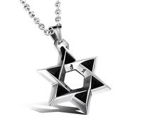 RZRPYFMM Pendentif Collier Étoile De David En Acier Titane, Foi Religieuse Pour Hommes Totem Étoile À Six Branches Gravé Six Mots Mantra Rune Collier,Argent,60CM