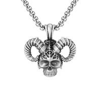 RZRPYFMM Pendentif Crâne De Corne De Bélier En Étain Pur Pour Homme, Collier Gothique Vintage En Acier Inoxydable,Argent,Pendant + Chain 50cm