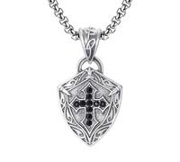 RZRPYFMM Pendentif Croix Bouclier En Étain Pur Pour Homme, Collier Croix Chrétienne Gothique,Argent,Pendant + Chain 50cm