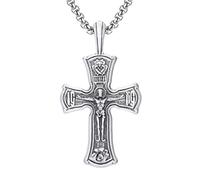 RZRPYFMM Pendentif Croix Chrétienne En Étain Pur, Collier Croix Jésus Vintage À La Mode Masculine,Argent,Pendant + Chain 50cm