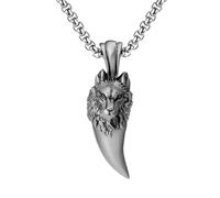 RZRPYFMM Pendentif Dent De Loup En Étain Pur Pour Homme, Collier Tête De Loup Vintage Gothique Viking,Argent,Pendant + Chain 70cm