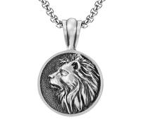 RZRPYFMM Pendentif Tête De Lion En Étain Pur Pour Homme, Collier Tête De Lion Vintage Gothique Viking,Argent,Pendant + Chain 50cm