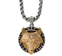 RZRPYFMM Pendentif Tête De Loup Celtique Collier Viking Rune Lettres Pendentif Tête De Loup Collier Gothique En Acier Inoxydable Hip Hop Locomotive Bijoux,D'or,50cm