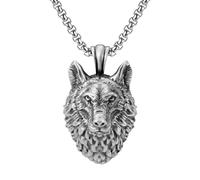 RZRPYFMM Pendentif Tête De Loup En Étain Pur Pour Homme, Collier Tête De Loup Vintage Gothique Viking,Argent,Pendant + Chain 70cm