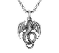 RZRPYFMM Viking Celtic Dragon Pure Pewter Pendant, Men's Gothic Vintage Western Dragon Necklace,Argent,Pendant + Chain 50cm