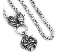RZRPYFMM Viking Odin Axe Pendentif Collier Double Tête De Loup Chaîne Noeud Celtique Collier Hommes Antique Scandinave Amulette Bijoux,Argent,80