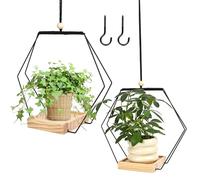 Rzspher Lot de 2 pots de fleurs suspendus avec socle en bois, noir, crochet de suspension inclus pour l'intérieur et l'extérieur, la terrasse, le balcon, les plantes d'intérieur, les plantes