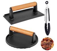 RZSTBSFC Lot de 3 presse-hamburgers ronds et rectangulaires en fonte avec poignée en bois pour Blackstone Camp Chef Pitboss