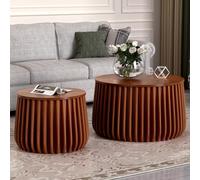 RZTPYS Ensemble de 2 Tables Basses Modernes et Gigognes avec Rangement, Tables d'Accent Circulaires en Noyer Style Tambour pour Petit Espace (Salon, Chambre, Balcon, Bureau)