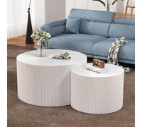 RZTPYS Lot De 2 Tables Basses Gigognes Rondes, Grande Table Basse Cannelée, Table D'appoint Circulaire, Tables Gigognes en Bois Style Mid-Century Moderne pour Salon, Chambre, Petits Espaces,Blanc
