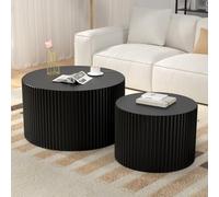 RZTPYS Lot De 2 Tables Basses Gigognes Rondes, Grande Table Basse Cannelée, Table D'appoint Circulaire, Tables Gigognes en Bois Style Mid-Century Moderne pour Salon, Chambre, Petits Espaces,Noir