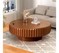 RZTPYS Table Basse Ronde en Tambour Cannelé avec Rangement Caché, Table Centrale Moderne en Bois avec Placage De Bois Massif pour Salon, Appartement Et Bureau,Walnut 100cm