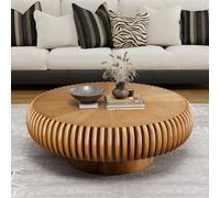 RZTPYS Table Basse Ronde Moderne en Forme De Tambour, 80 Cm, en Bois Cannelé, Idéale pour Les Petits Espaces comme Un Salon, Un Appartement Ou Un Bureau. Montage Facile,Marron