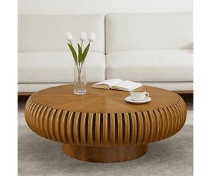 RZTPYS Table Basse Tambour Ronde Moderne, Table Basse en Bois À Rainures Circulaires, Table D'Appoint Circulaire De Luxe pour Salon, Appartement, Bureau Et Petit Espace,Brown 100cm