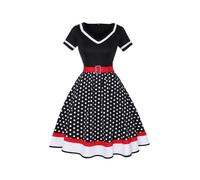 (S,black)Vintage 50s 60s Women's Vintage Party Dress With Belt Polka Dot Print Short Sleeve Hepburn Robe Pin Up Rockabilly Dresses