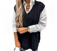 (S,Black)Women's Sleeveless V-Neck Cable Knit Plaid Pattern Sweater Top in Solid Color Loose Fit XL Maroon