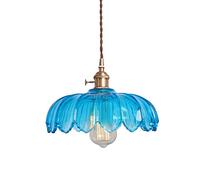 S-Cevada Lampe à Suspension en Cristal Lotus, Abat-jour en Verre Vintage Industriel Luminaire Suspendu E27 Finition Laiton Lustre 1 Lumière (Bleu)