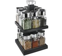 S&D KB5755 Carrousel à épices Distributeur carré rotatif 16 pots 2 étages Noir gris transparent Plastique Verre Couvercles double