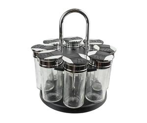 S&D Saveur et Dégustation KM4085 Carrousel à épices Distributeur rond rotatif 8 pots Noir gris et transparent Plastique et verre Couvercles double clapets D19 x H20,5 cm