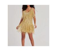 (S,Gold)Cocktail Dresses for Women Deep V-Neck All-Over Fringe Spaghetti Straps Dress Cocktail Evening Mini Dress