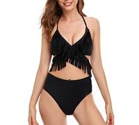 S-kini Ensemble bikini pour fille - Maillot de bain rembourré dos nu - Deux pièces - Pour la famille - Vêtement de plage, Franges noires, 8-10 ans