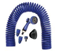 S&M 590078 - Kit Tuyau hélicoïdal Bleu 15 mètres (9 mm diamètre) + Pistolet Multifonction 8 Jets + Automatique Filetage Femelle avec Adaptateur ¾-½ + 2 connecteurs Rapides + Support de Suspension