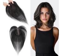 S-noilite Cheveux Humain avec Frange Latérale, 14g Clip In Cheveux Naturels Toppers, 27CM Topper de Chevelure Humains pour Femmes, Chevelure Humains avec 7x11CM Base en Dentelle, Noir Naturel #1B