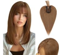 S-noilite Cheveux Topper avec Frange, 27g Aériennes Frange Cheveux Naturels Topper, Clip in Chevelure Humains pour Femmes, 3 Clips Invisible Chevelure Réel avec Base en Dentelle, 25CM Châtain Clair #6