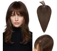 S-noilite Cheveux Topper avec Frange, 27g Aériennes Frange Cheveux Naturels Topper, Clip in Chevelure Humains pour Femmes, 3 Clips Invisible Chevelure Réel avec Base en Dentelle, 25CM Brun Foncé #2R