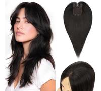 S-noilite Cheveux Topper avec Frange, 27g Sans Frange Cheveux Naturels Topper, Clip in Chevelure Humains pour Femmes, 3 Clips Invisible Chevelure Humains avec Base en Dentelle, 25CM Noir Naturel #1B