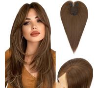 S-noilite Cheveux Topper avec Frange, 27g Sans Frange Cheveux Naturels Topper, Clip in Chevelure Humains pour Femmes, 3 Clips Invisible Chevelure Humains avec Base en Dentelle, 25CM Châtain Moyen #4
