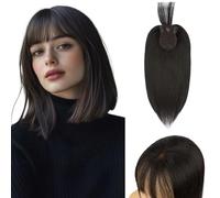 S-noilite Cheveux Topper avec Frange, 35g Aériennes Frange Cheveux Naturels Topper, Clip in Chevelure Humains pour Femmes, 3 Clips Invisible Chevelure Réel avec Base en Dentelle, 30CM Noir Naturel #1B
