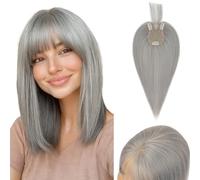 S-noilite Cheveux Topper avec Frange, 35g Aériennes Frange Cheveux Naturels Topper, Clip in Chevelure Humains pour Femmes, 3 Clips Invisible Chevelure Réel avec Base en Dentelle, 30CM #Gris