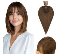 S-noilite Cheveux Topper avec Frange, 35g Aériennes Frange Cheveux Naturels Topper, Clip in Chevelure Humains pour Femmes, 3 Clips Invisible Chevelure Réel avec Base en Dentelle, 30CM Châtain Moyen #4
