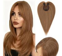 S-noilite Cheveux Topper avec Frange, 35g Sans Frange Cheveux Naturels Topper, Clip in Chevelure Humains pour Femmes, 3 Clips Invisible Chevelure Humains avec Base en Dentelle, 30CM Châtain Clair #6