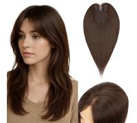 S-noilite Cheveux Topper avec Frange, 40g Sans Frange Cheveux Naturels Topper, Clip in Chevelure Humains pour Femmes, 3 Clips Invisible Chevelure Humains avec Base en Dentelle, 35CM Brun Foncé #2R