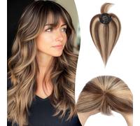 S-noilite Extension de Frange à Clipser en Cheveux Naturels, 38g Vrais Cheveux Naturels, Frange à Clipser sur le Devant, Postiches en Cheveu Humains pour Femme, 35CM Blond Clair Mix Brun Doré