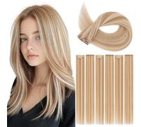 S-noilite Extensions à Clip en Cheveux Humains, 6Pcs 6 Clips 100% Vrais Extensions de Cheveux Clipser, 44g Extension de Cheveux à Mèche Unique à Clips pour Femmes, 45CM Blond Clair/Brun Doré #12P613