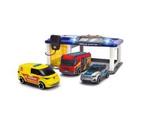Dickie Toys Station S.O.S pour Enfants à partir de 3 Ans (31 x 22 cm) avec 3 Voitures Jouets (Voiture de Police, Ambulance, Camion de Pompiers), Poste de Pompiers et de Police avec lumière et Son