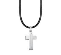 s.Oliver Collier pour enfant garçon avec pendentif en acier inoxydable et cuir, 40+3 cm, noir, croix, livré dans un coffret cadeau, 2024225