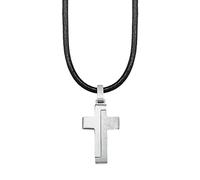 s.Oliver Collier pour enfant garçon avec pendentif en acier inoxydable et cuir, 40+3 cm, noir, croix, livré dans un coffret cadeau, 2024225