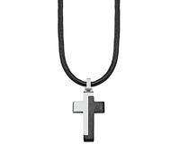 s.Oliver Chaîne avec pendentif Acier inoxydable Cuir Garçons Enfants Collier, 40+3 cm, Argent, Croix, Livré en boîte cadeau bijoux