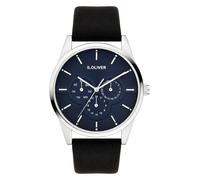 s.Oliver Montre pour Homme - Ronde - Argent - 42 mm - Montre en métal avec Mouvement à Quartz sur Le Bracelet en Cuir synthétique avec Boucle déployante - Montre analogique - Étanche 3 ATM